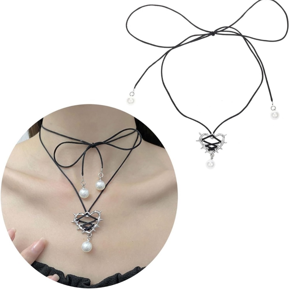 NWT Thorn Heart Pendant Necklace on black rope with pearls